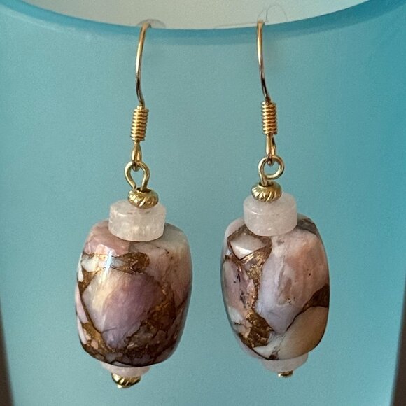 Kingman Pink Opal and Bronze with Rose Quartz Pierced Barrel Earrings - Picture 1 of 5